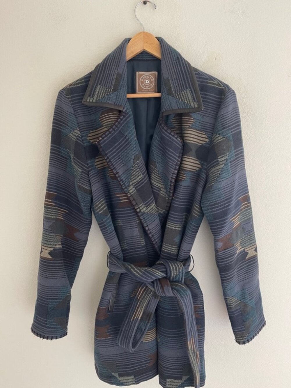DOUBLE D RANCH Aztec Print Leather Trimmed Knee Length Cotton Coat: Size Small
